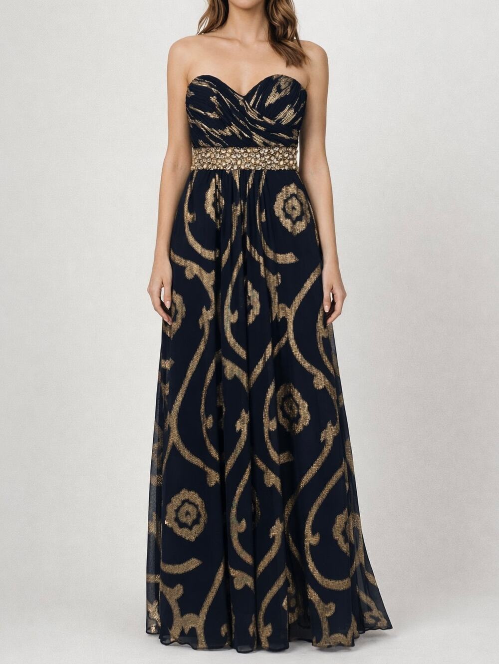 Betsy & Adam Strapless Maxi Dress Beaded Rhinestone Sweetheart Formal Gown Blue